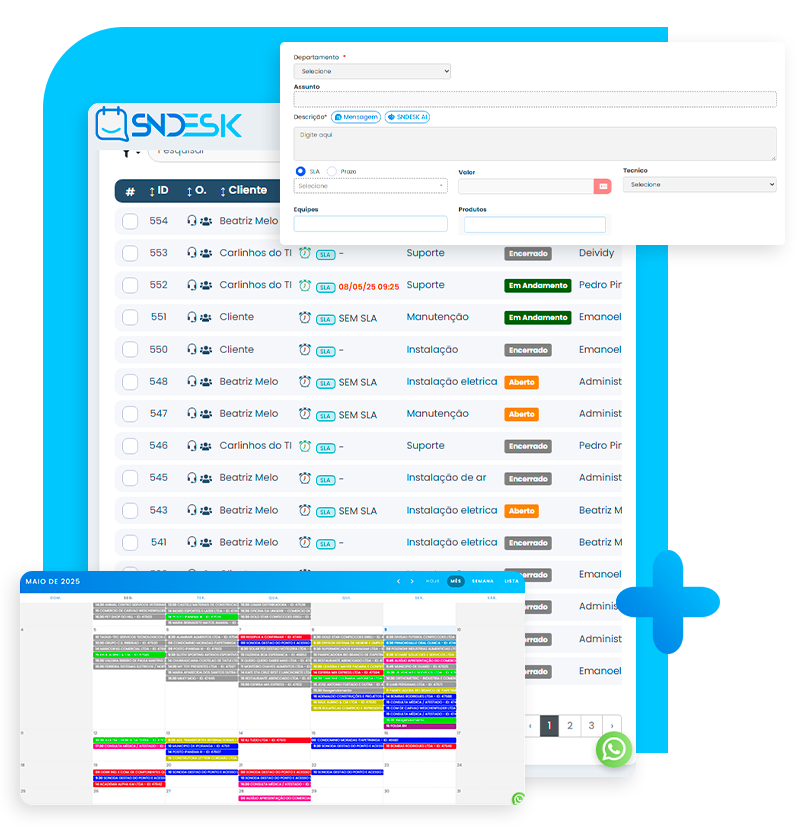 Interface de gestão de chamados do SNDesk - Centralização e organização de atendimentos